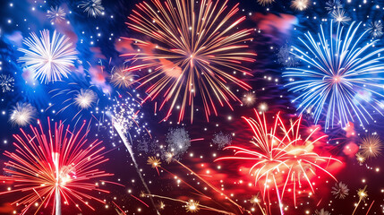 Fototapeta premium American Holiday Fireworks – Vibrant Red, White, and Blue Night Sky Celebrations for Labor Day, Fourth of July, Memorial Day