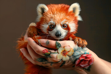 Obraz premium Cute red panda in the hands of a girl with flowers
