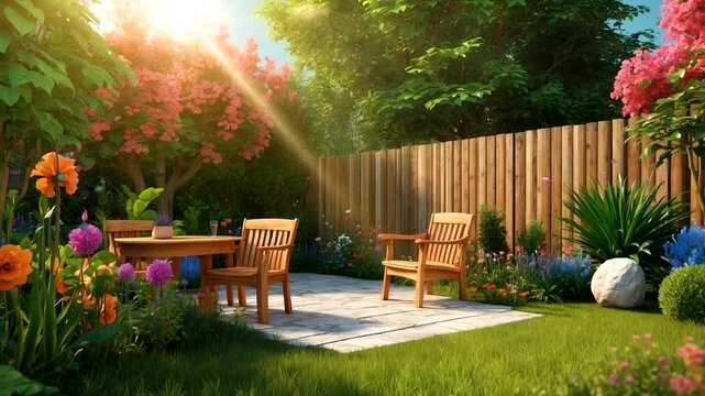 animation of flower gardens and wooden chairs