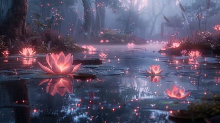 Magical Lotus Pond in Enchanted Forest with Glow-in-the-Dark Flowers and Misty Reflections