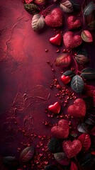 A close up of a dark tone heart with same color tone background. The hearts are scattered throughout the image, creating a sense of depth and movement.