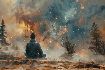 Obraz premium Cosmic Serenity - Surreal Image of Extraterrestrial Being Meditating in Buddha Pose Surrounded by Galaxies and Cosmic Dust