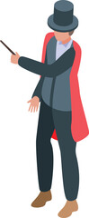 Magician wearing a cape and top hat is gesturing with his hand while holding a magic wand