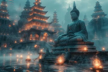 Ethereal Fusion: Ancient Buddhist Temple in Alien Landscape Embracing Cosmic Energies