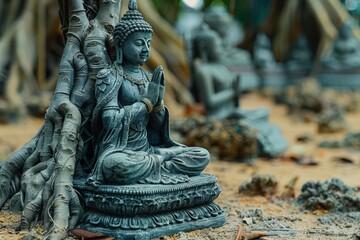 Obraz premium Tranquil Pala-style Buddha Statue Meditating under Bodhi Tree with Ornate Details and Serene Aura