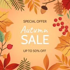 A banner with elements of the autumn forest. Offer discounts for the autumn season.