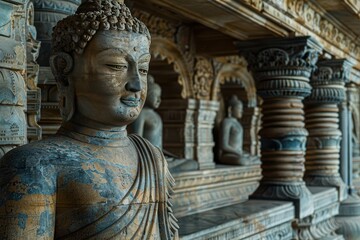 Serene Mathura Buddha Standing by Ancient Temple Wall