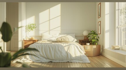 A tidy bed stands out in a bright bedroom with space for text. A lone box hints at moving or starting fresh.