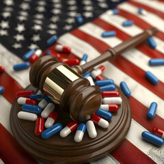 A wooden gavel sits on a wooden platform with a pile of pills on top of it. The pills are in various colors, including red, blue, and white. The scene suggests a courtroom setting