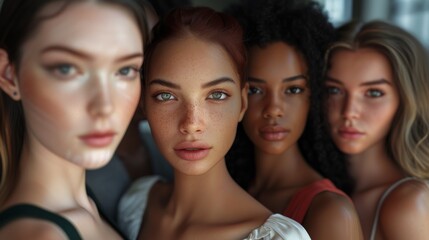 Obraz premium A Group of Women With Different Skin Tones and Hair Colors Are All Looking at the Camera - Generative AI