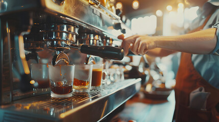 A barista is making coffee behind a counter with a variety of coffee cups and glasses. Concept of warmth and hospitality