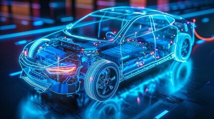 An electric car lithium battery pack is illustrated with power connections, showcasing the core of modern automotive technology in a vibrant blue tone