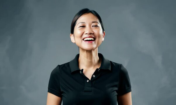 Smiling asian woman in black polo shirt on grey background