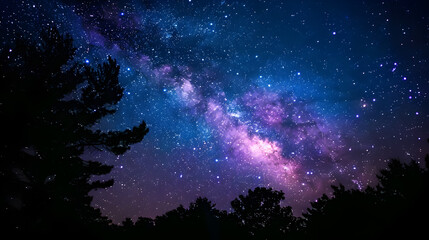 The sky is filled with stars and a large, glowing cloud of pink and purple. The trees are silhouetted against the dark sky, creating a sense of depth and mystery. The scene evokes a feeling of wonder
