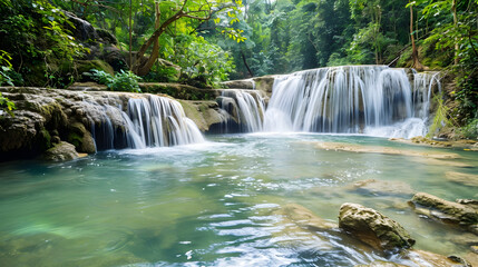 Obraz premium A beautiful waterfall is flowing into a pool of water. The water is clear and calm, and the rocks surrounding the pool add to the natural beauty of the scene. Concept of tranquility and serenity