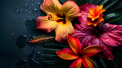 Obraz premium A colorful bouquet of flowers with a blue background. The flowers are orange and yellow, and there is a drop of water on the left side of the image