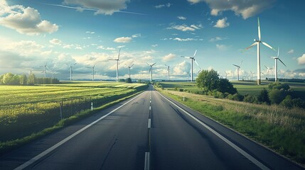 Fototapeta premium Highway with wind farm, renewable energy, rural landscape