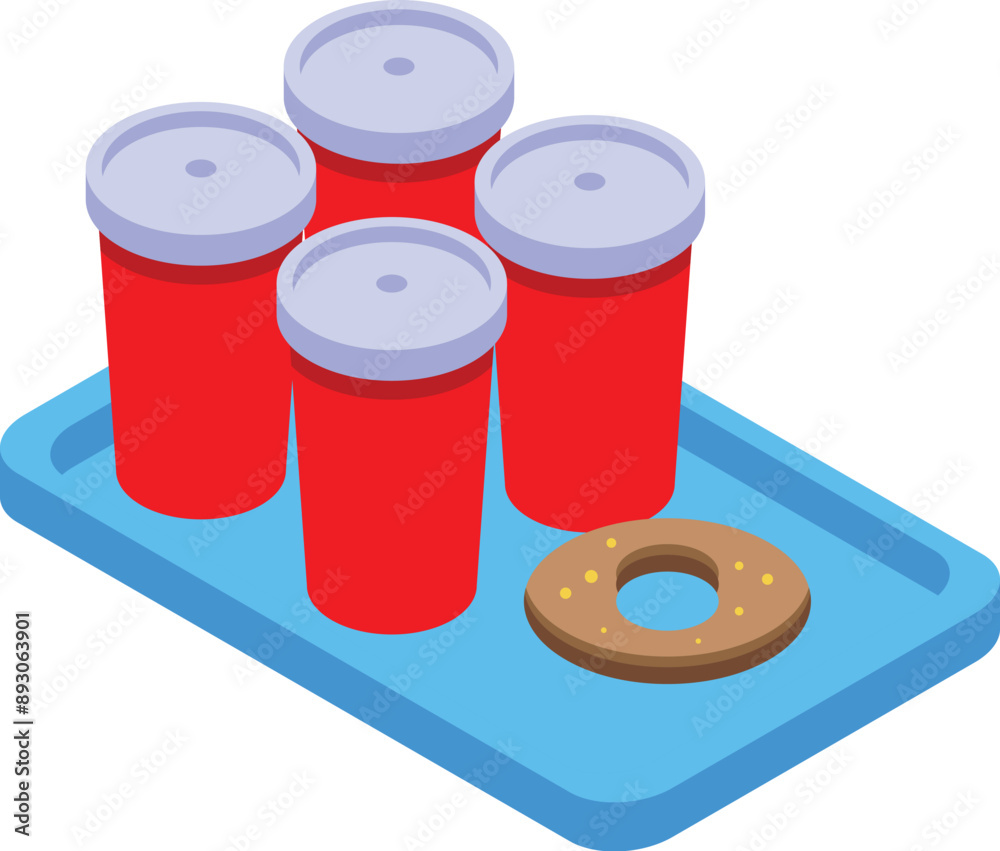 Sticker four red paper coffee cups with white plastic lids and a donut sitting on a blue tray