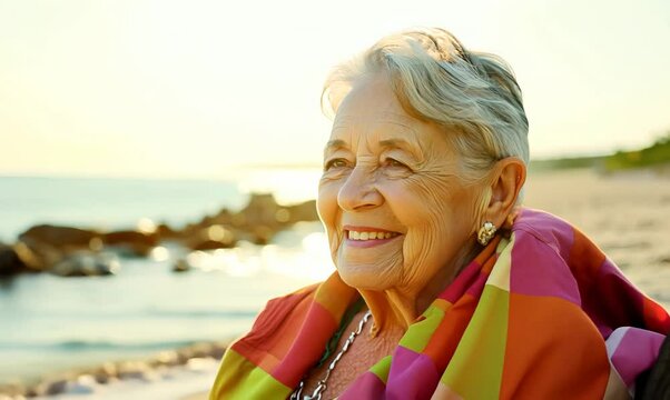 Lifestyle portrait video of a satisfied 100-year-old elderly woman wearing a foulard against a beach background