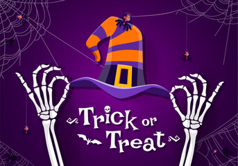 Naklejka premium Trick or treat banner with skeleton hands and witch hat. Vector bony fingers emerge from the shadows, gripping mystical striped cap amid intertwined spooky cobwebs, exude haunting spirit of the arcane