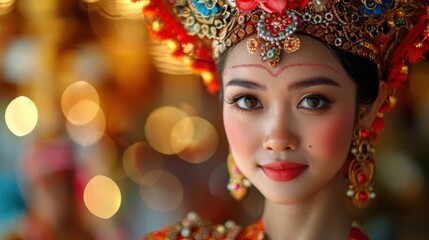 A young woman in traditional Balinese dress with intricate headdress and jewelry, looking at the camera with a warm smile.