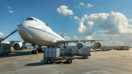 A large white airplane is parked on the tarmac at an airport. The plane is surrounded by several smaller airplanes and a large number of luggage carts. Concept of busyness and activity