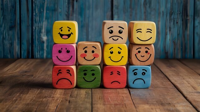 concept of Different emotions drawn on colorful cubes, wooden background.