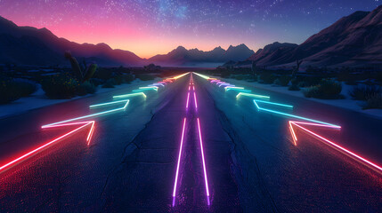 A neon sign with arrows on a road. The scene is set in a desert with mountains in the background. Scene is futuristic and adventurous