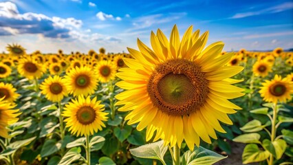 Close-up of a sunflower field in full bloom, with bright yellow petals and a clear sky creating a cheerful atmosphere.