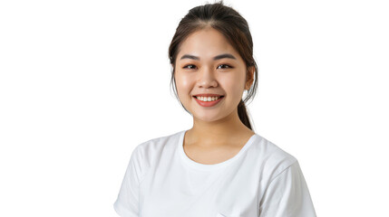 Half body portrait of a cheerful Filipino nurse in her 20s in a white T-shirt