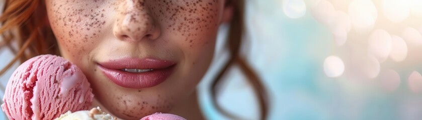 Close-up of a woman's face with freckles, holding a pink ice cream cone.