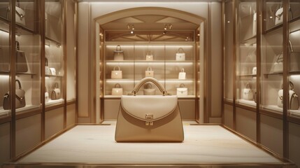 A Beige Handbag Sitting in a Glass Display Case Inside of a Store - Generative AI