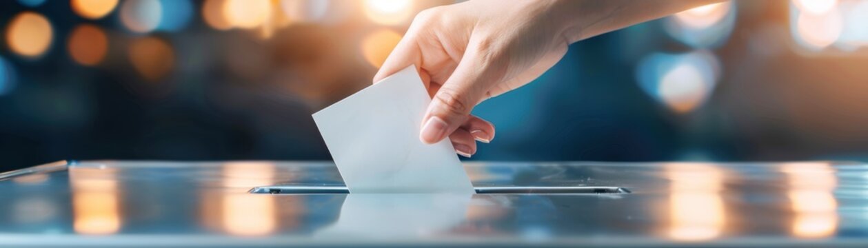 Voter's hand dropping a ballot in an electronic voting machine, modern democracy, tech voting