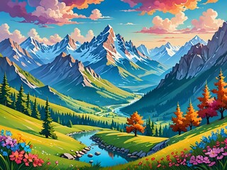 A serene landscape with majestic mountains in the background, overlooking a tranquil valley below, colorful 