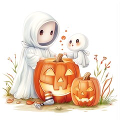 Ghost popping out of a jack-o'-lantern, playful scene, watercolor style, clean white background