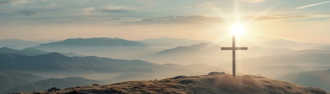 Crucifix in a divine landscape, symbol of trust, spiritual tranquility