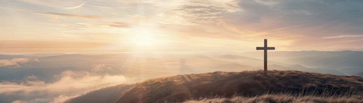 Crucifix in a divine landscape, symbol of trust, spiritual tranquility
