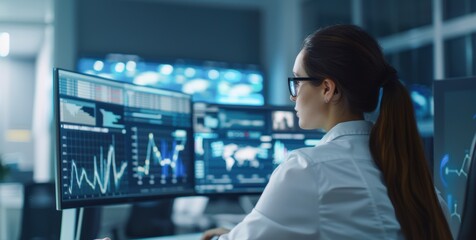 Corporate analyst studying environmental impact reports, climate data, high-tech office desk