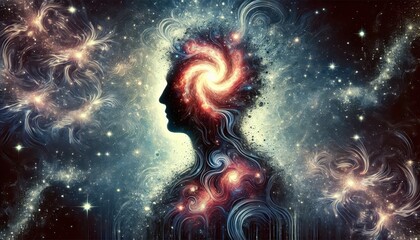 Cosmic Mind - Abstract Art of a Human Silhouette in a Starry Galaxy.