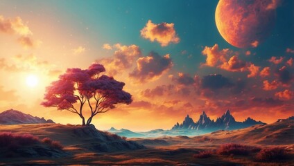 Abstract fantasy landscape with a lovely sun, inspiration for an album cover or playlist tile.