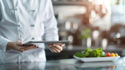 Chef planning a menu on a tablet, culinary skills, professional kitchen desk