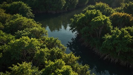 Fototapeta premium Aerial view of mangrove forest capturing co2, green trees for net zero emissions concept.