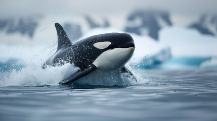 Fototapeta premium A Black and White Orca Whale Splashing in the Water With Icebergs in the Background - Generative AI