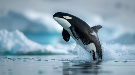 Fototapeta premium A Black and White Orca Whale Jumping out of the Water With Icebergs in the Background - Generative AI