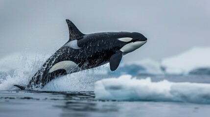Fototapeta premium A Black and White Orca Jumping out of the Water in Front of Icebergs - Generative AI
