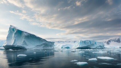 Antarctic iceberg climate change, conservation, ozone threat on sea levelswide banner with space.