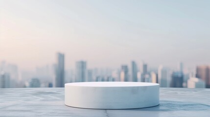 Blank product podium on a rooftop with a city skyline, urban theme, modern lifestyle