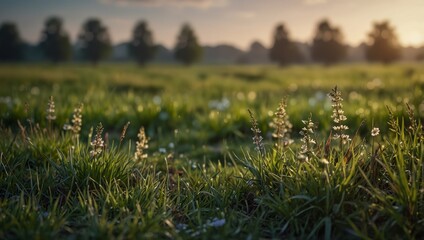 Blurred spring meadow with gradient sky to grass background and bokeh for serene atmosphere.
