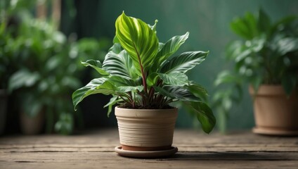 Potted Calathea, green plant on a rustic background.