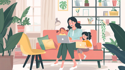 Young mom working from home while sitting with her daughter.